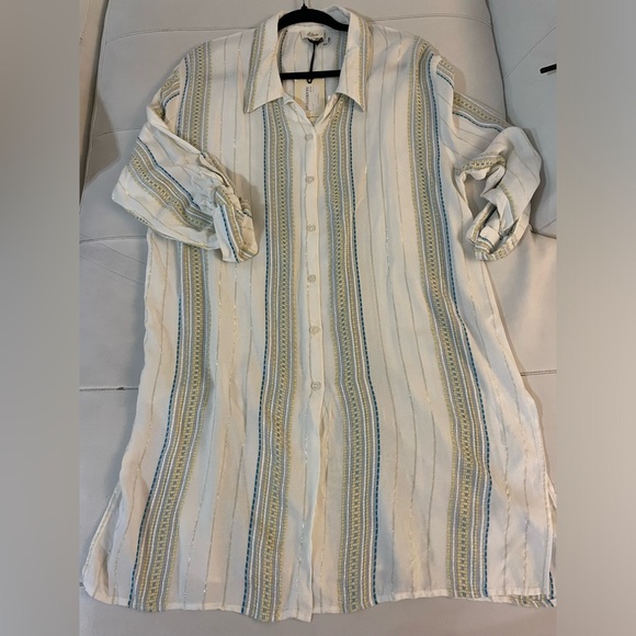 NWT Elan White Multi Stripe Button Up Boyfriend Top cover Up Medium - Picture 11 of 13
